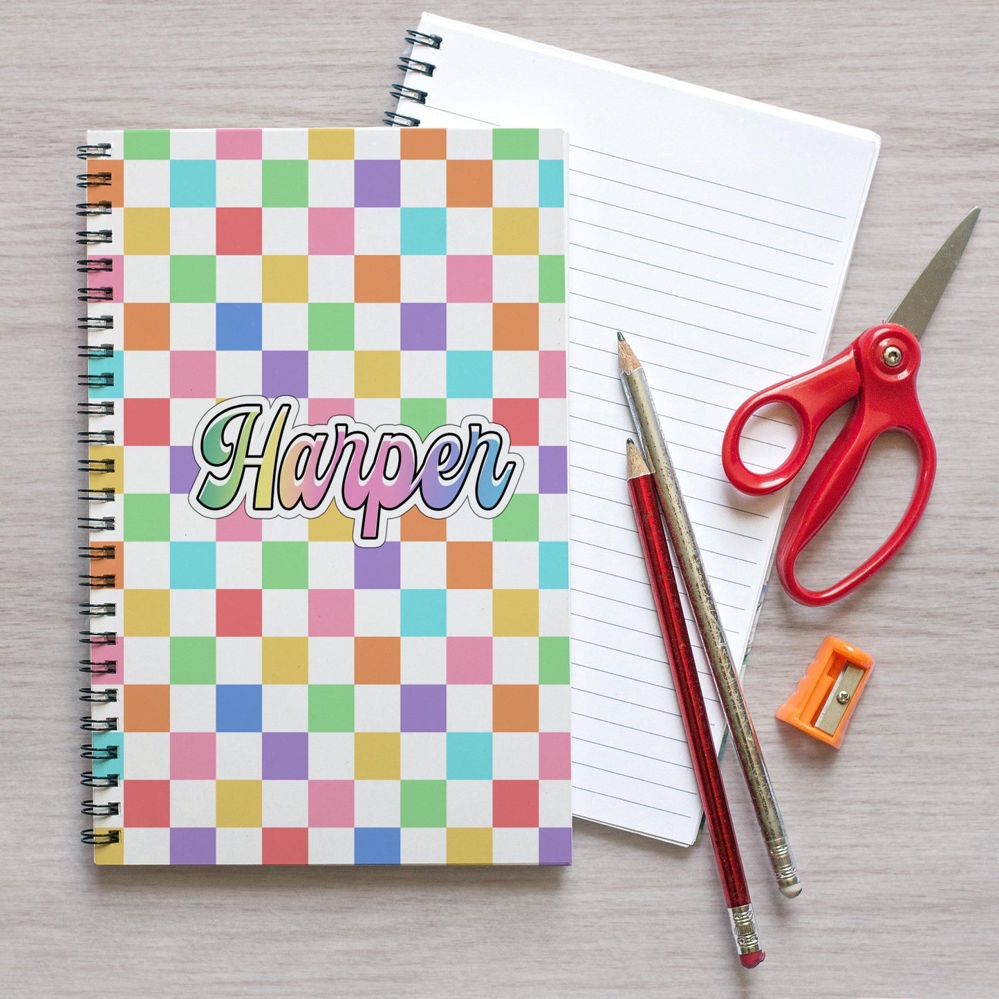 Custom Spiral Notebook - Personalized Rainbow Checkered Journal for Kids & Teachers