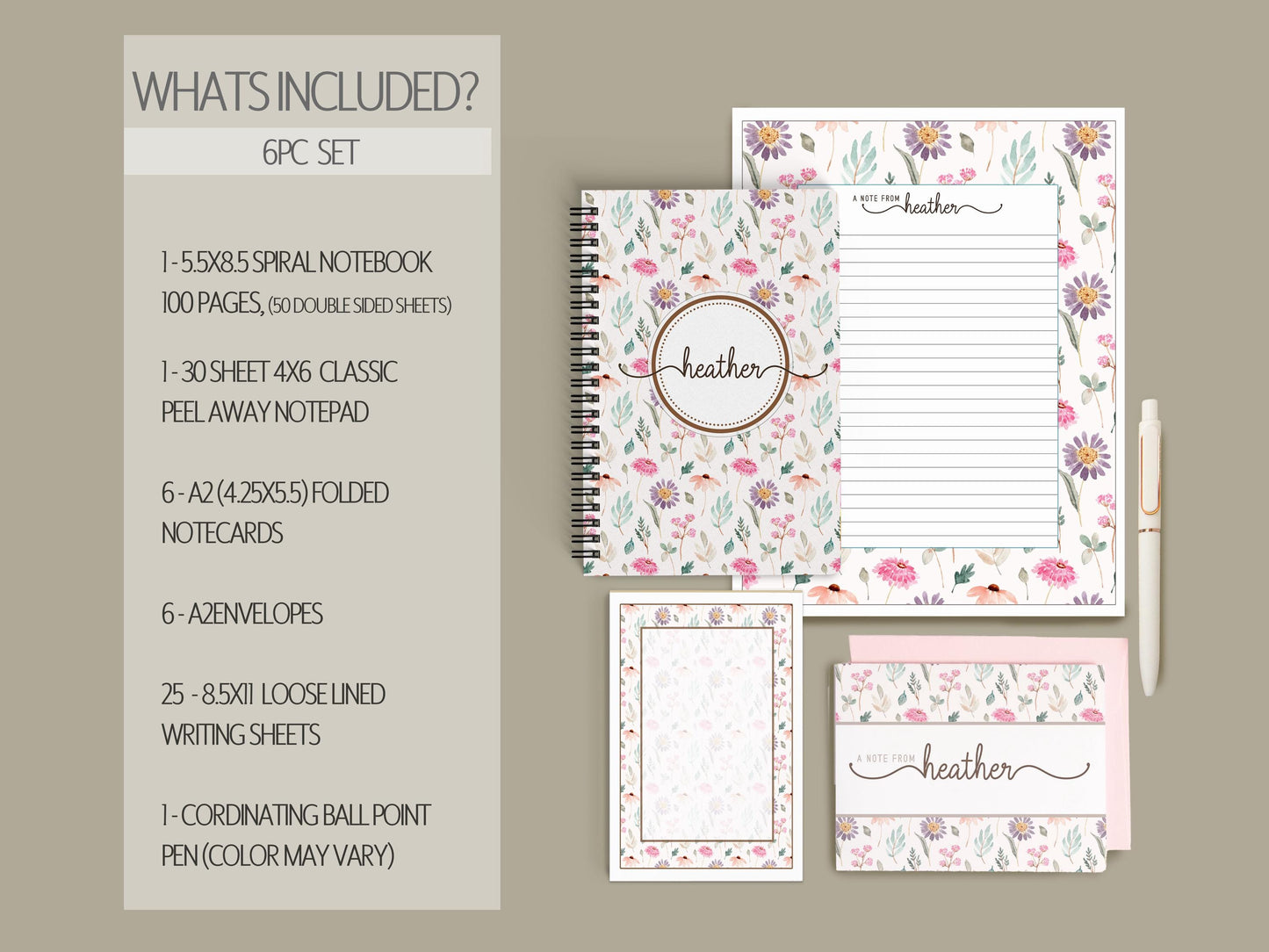 Personalized Stationery Set – Custom Notepad Set with Floral Writing Paper & Envelopes