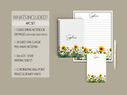 Personalized Stationery Set - Sunflower Notebook, Letter Writing Sets & Floral Notepads Gift