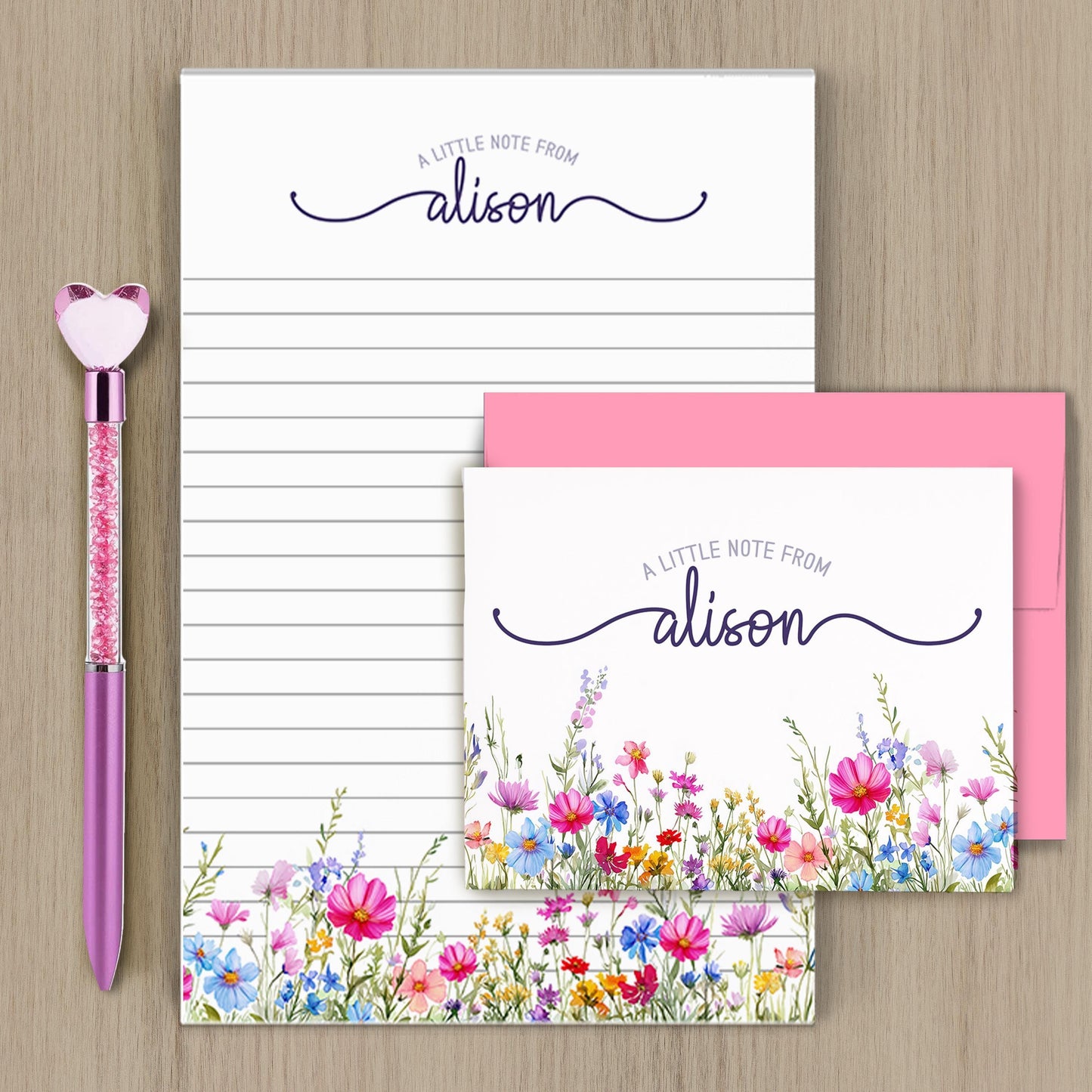 Personalized Stationery Set - Wildflower Letter Writing Set With Envelopes & Notecards