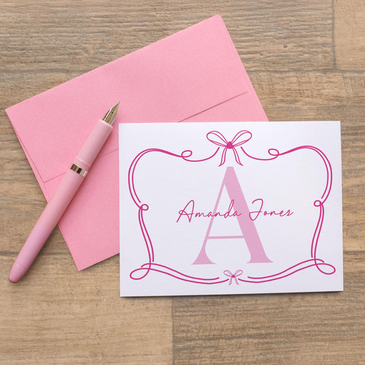 Personalized Monogram Note Cards - Custom Folded Thank You Cards with Hand Drawn Bow Design