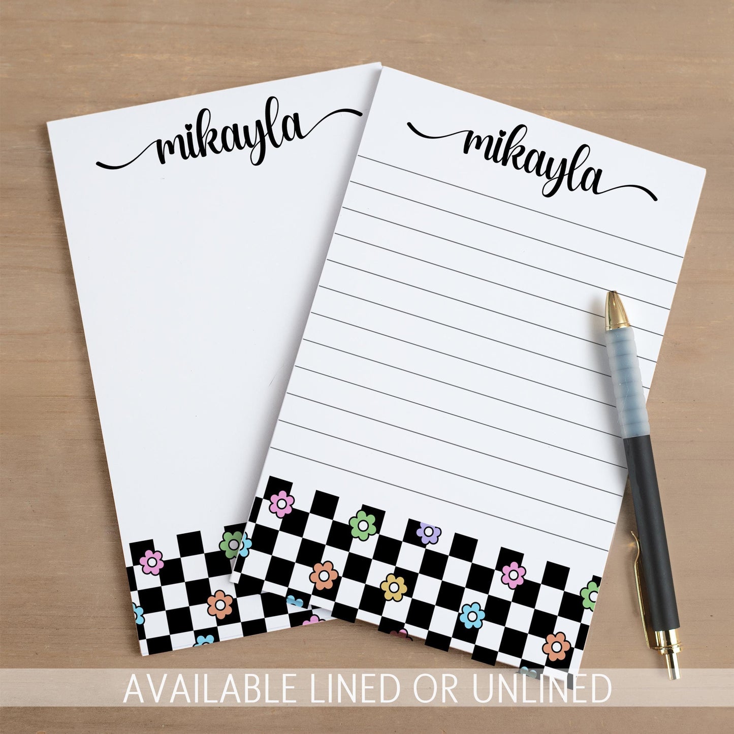Personalized Girls Notepad - Custom Flower Checkers Notepad with Peel Away Pages