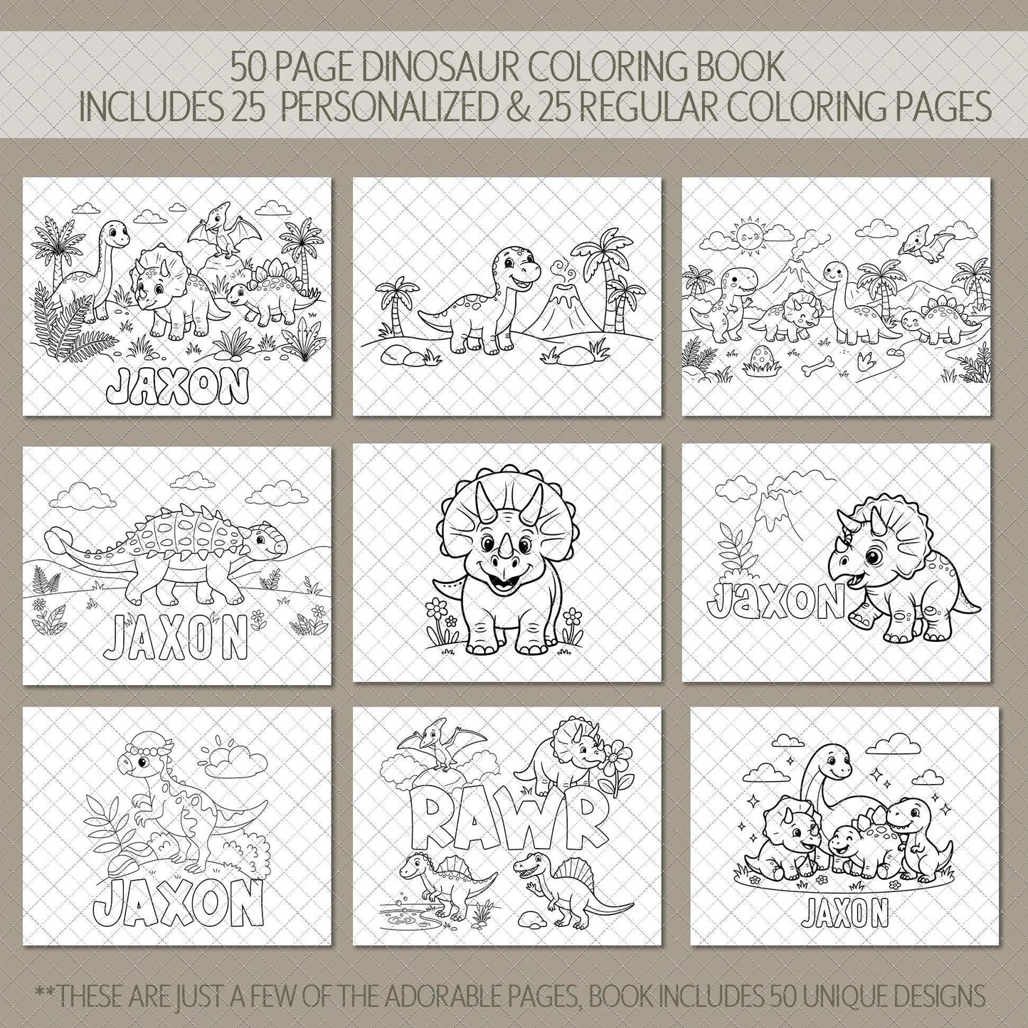 Personalized Dinosaur Coloring Book, Spiral, 50 Pages, Kid 11x8.5