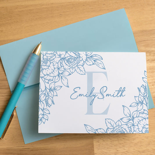 Personalized Monogram Note Cards – Custom Floral Notecards with Envelopes & Folded Thank You Cards