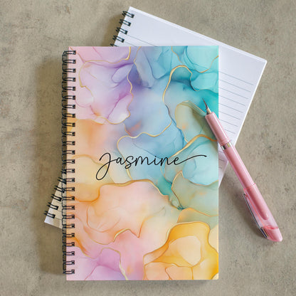 Custom Spiral Notebook - Rainbow Journal With Marble Cover, Personalized Name, Teacher Gift
