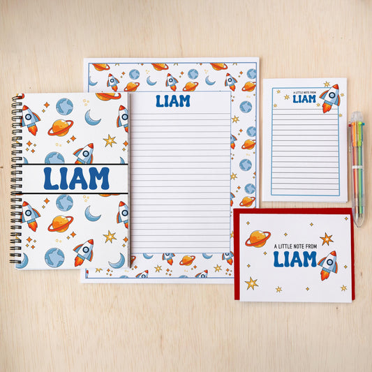 Boys Stationery Set - Personalized Notepad & Rocket Ship Notebook with Envelopes