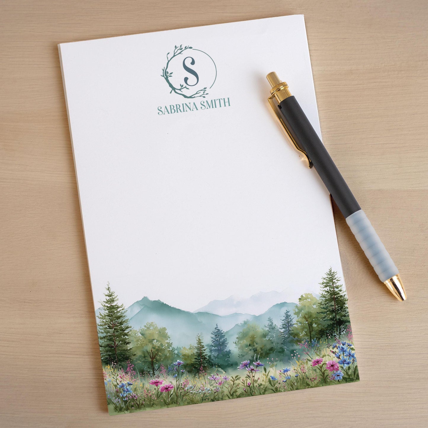 Personalized Monogram Notepad – Custom Forest Wildflower Stationery with Initial