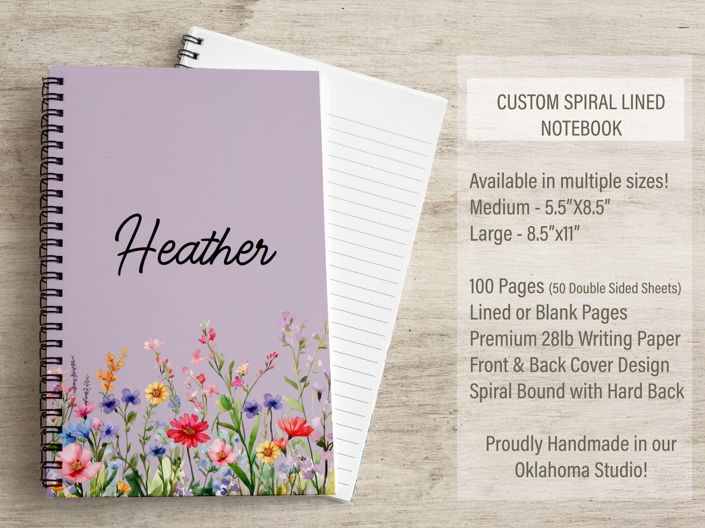 Personalized Spiral Notebook - Custom Wildflower Journal With 100 Pages, Floral Sketchbook Gift