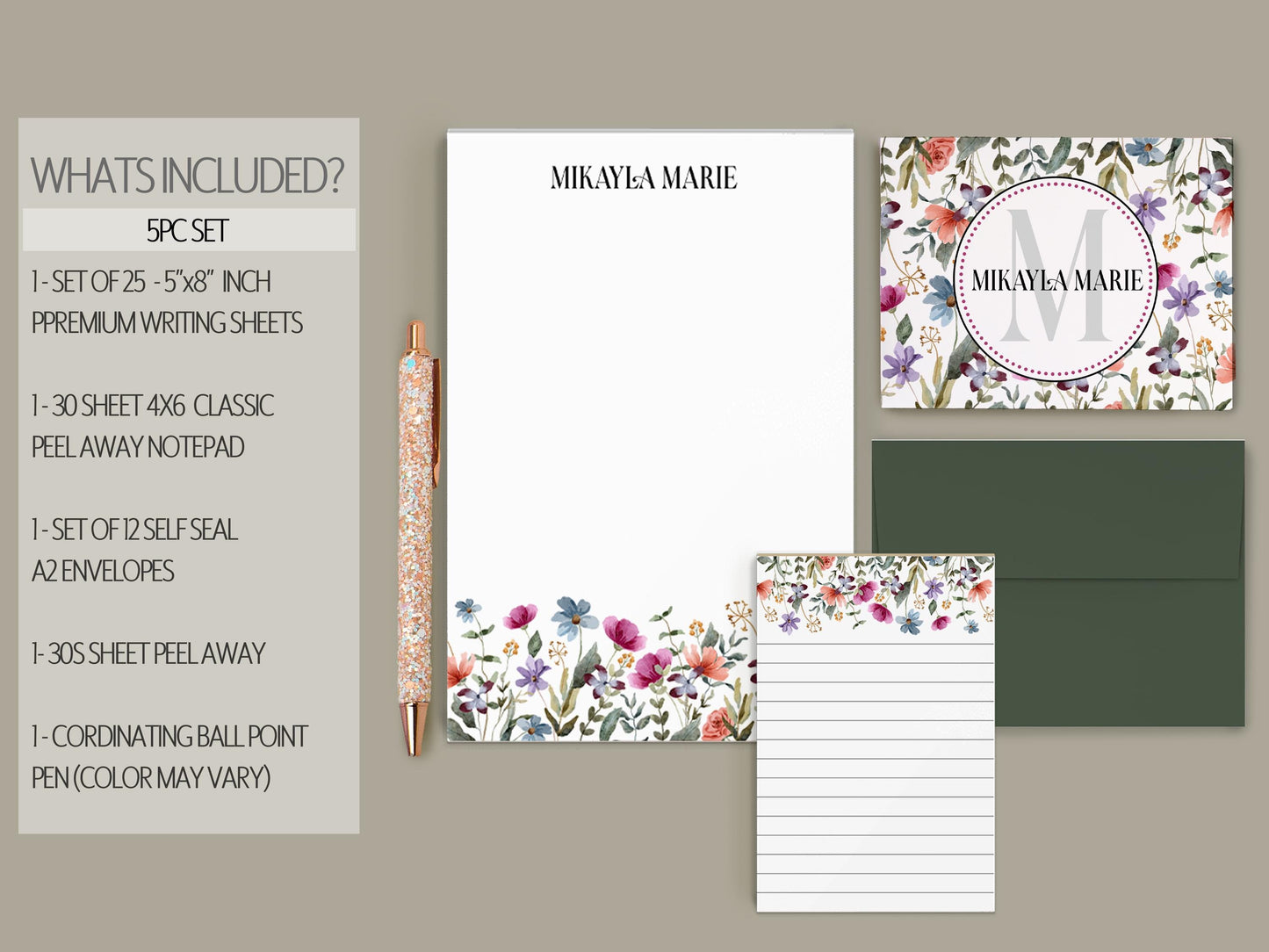 Personalized Stationery Set - Wildflower Letter Writing Set with Notecards & Pen