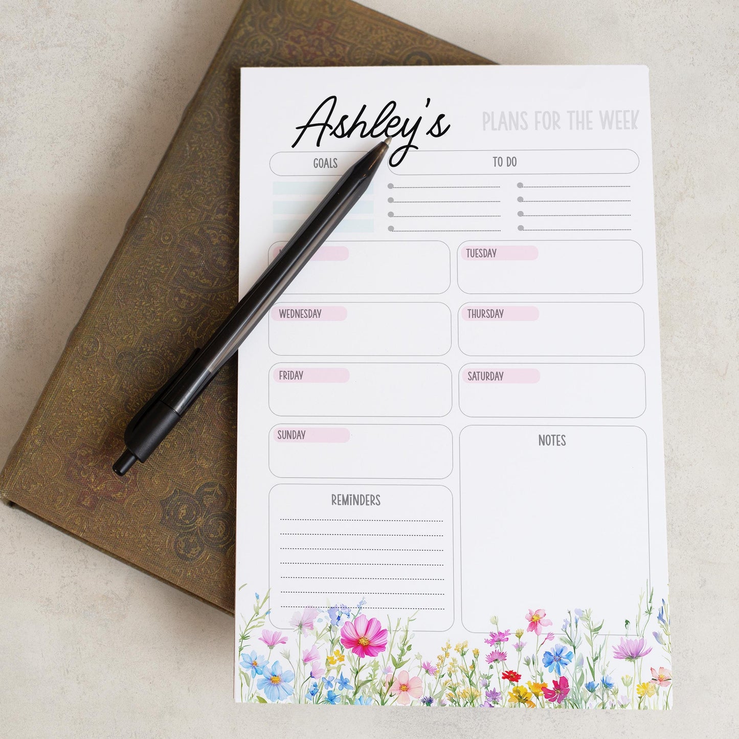 Personalized Weekly Planner | Floral Notepad with Custom Name & Goal Tracker