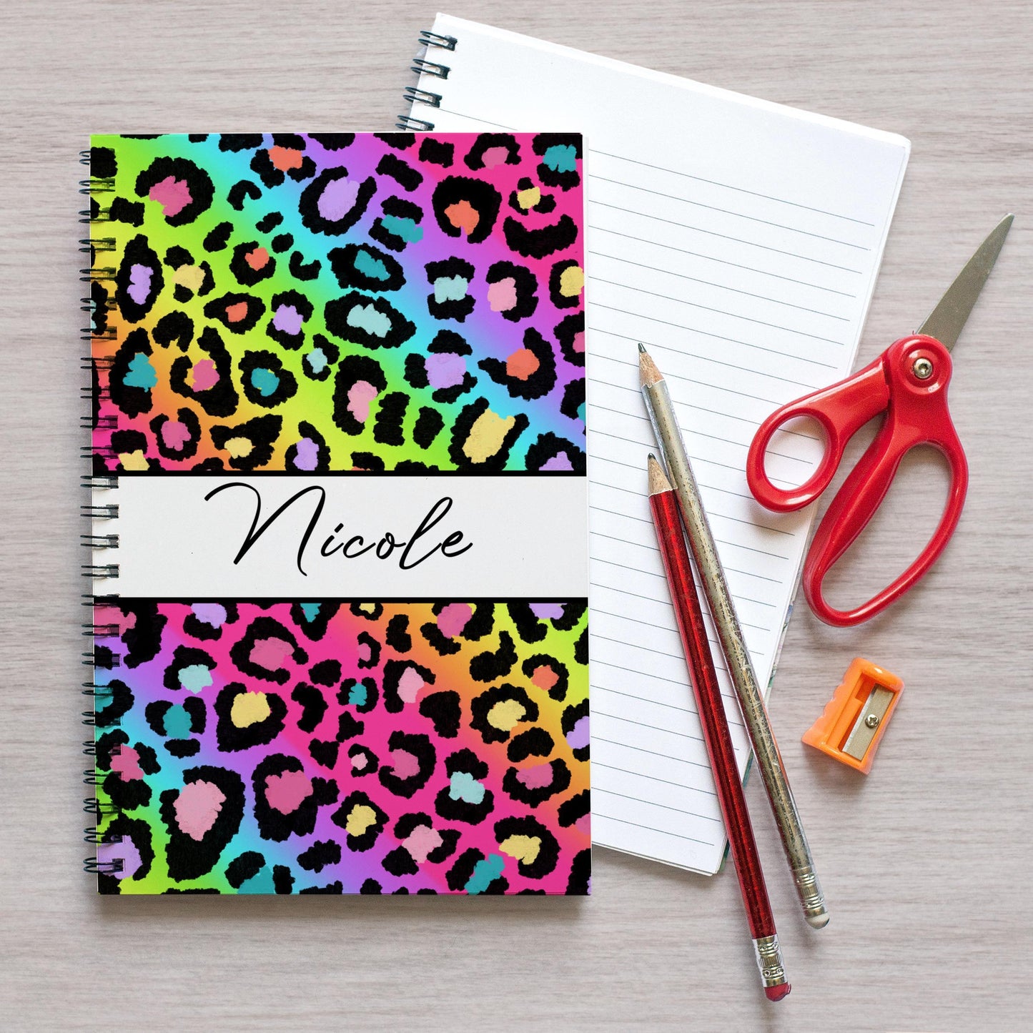 Custom Spiral Notebooks - Personalized Rainbow Cheetah Print Kids Name Journals