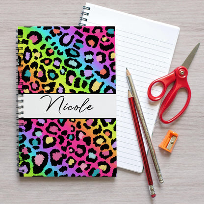 Custom Spiral Notebooks - Personalized Rainbow Cheetah Print Kids Name Journals