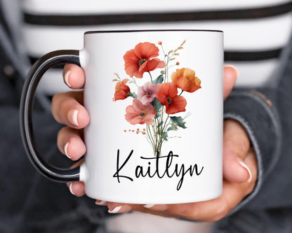 Custom Birth Flower Mug - Personalized Monogram Name Coffee Cup | Ceramic, Microwave Safe