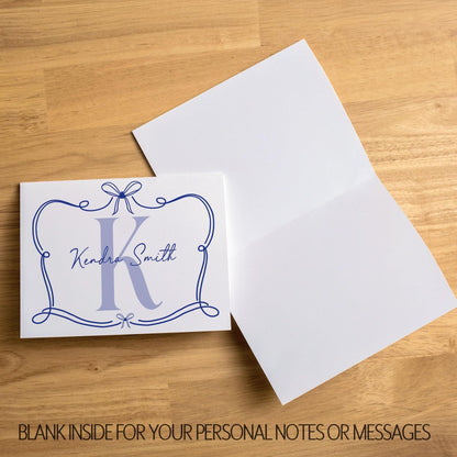 Personalized Monogram Note Cards – Custom Folded Cards with Hand Drawn Bow Design & Self Seal Envelopes
