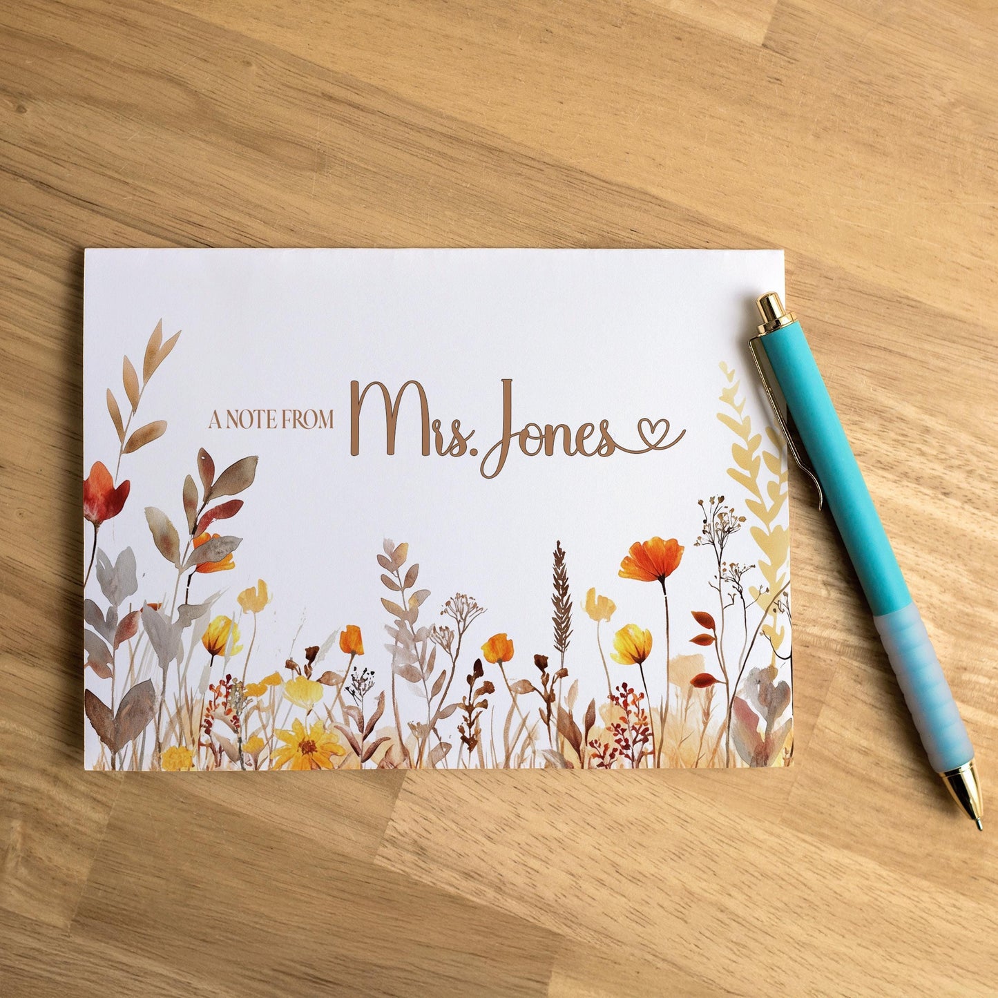 Personalized Note Cards - Boho Autumn Fall Wildflower Custom Name Notecards with Envelopes