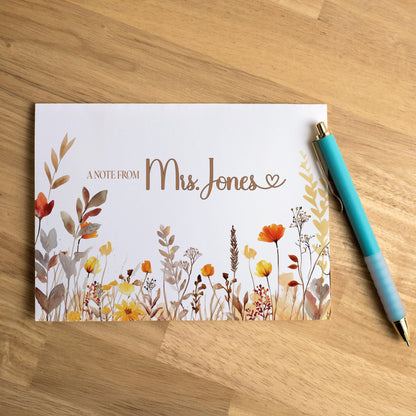 Personalized Note Cards - Boho Autumn Fall Wildflower Custom Name Notecards with Envelopes
