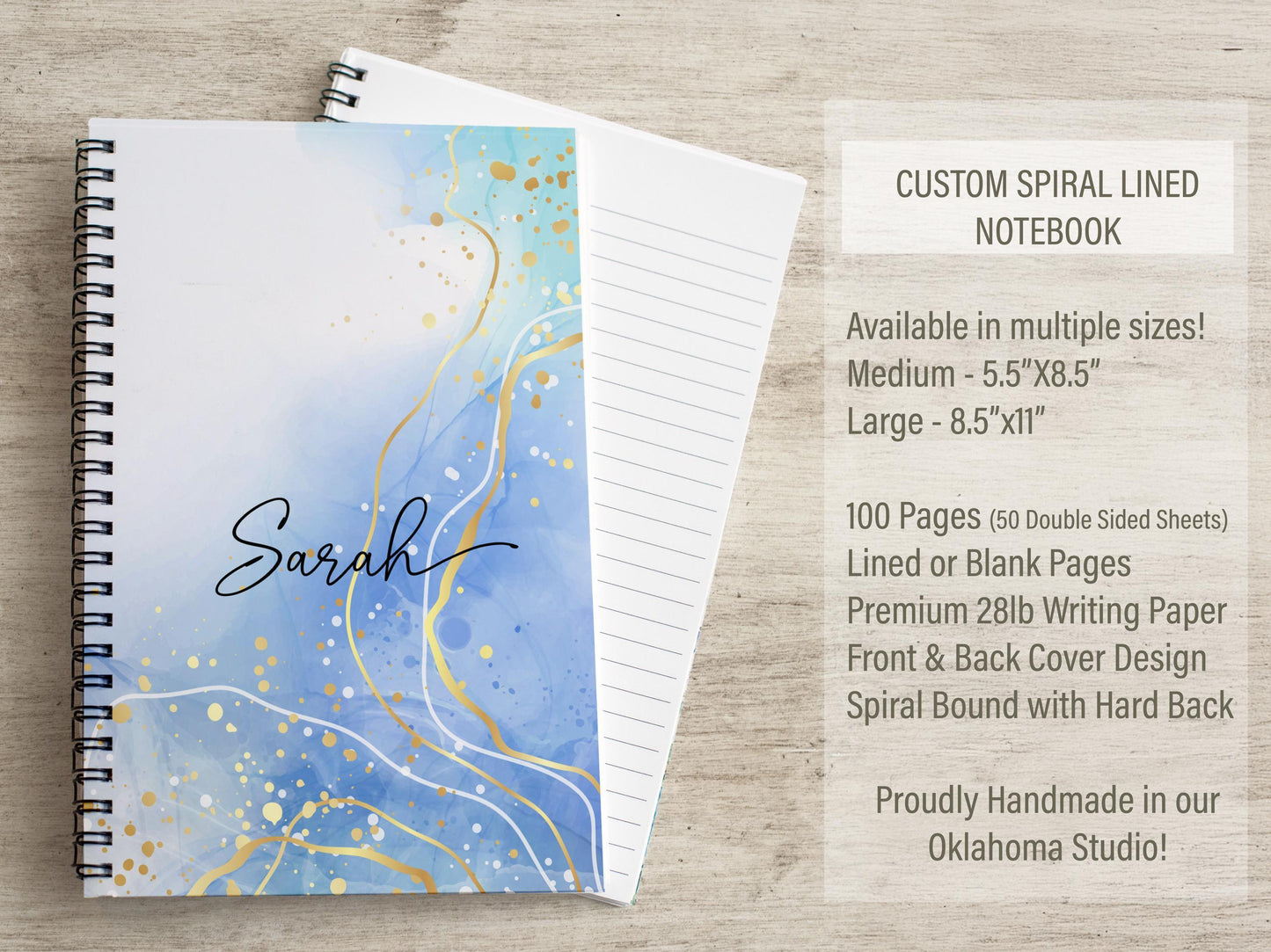 Personalized Blue Notebook - Custom Spiral Notebook With Pretty Blue Marble Cover