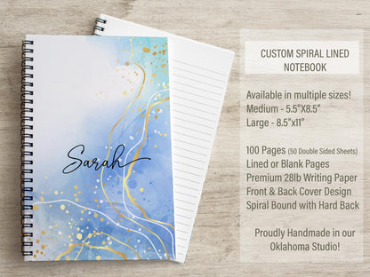 Personalized Blue Notebook - Custom Spiral Notebook With Pretty Blue Marble Cover