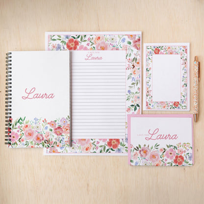 Personalized Stationery Set - Custom Letter Writing Sets with Floral Notepads & Pink Flower Notebook