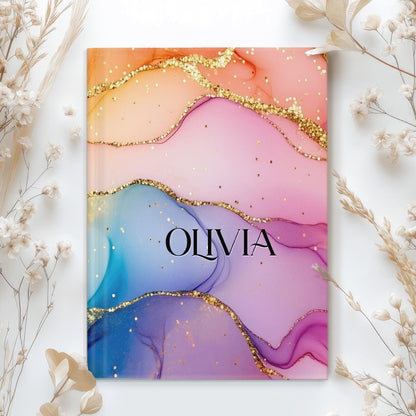 Personalized Hardcover Journal - Custom Name Rainbow Marble Notebook for Women's Writing
