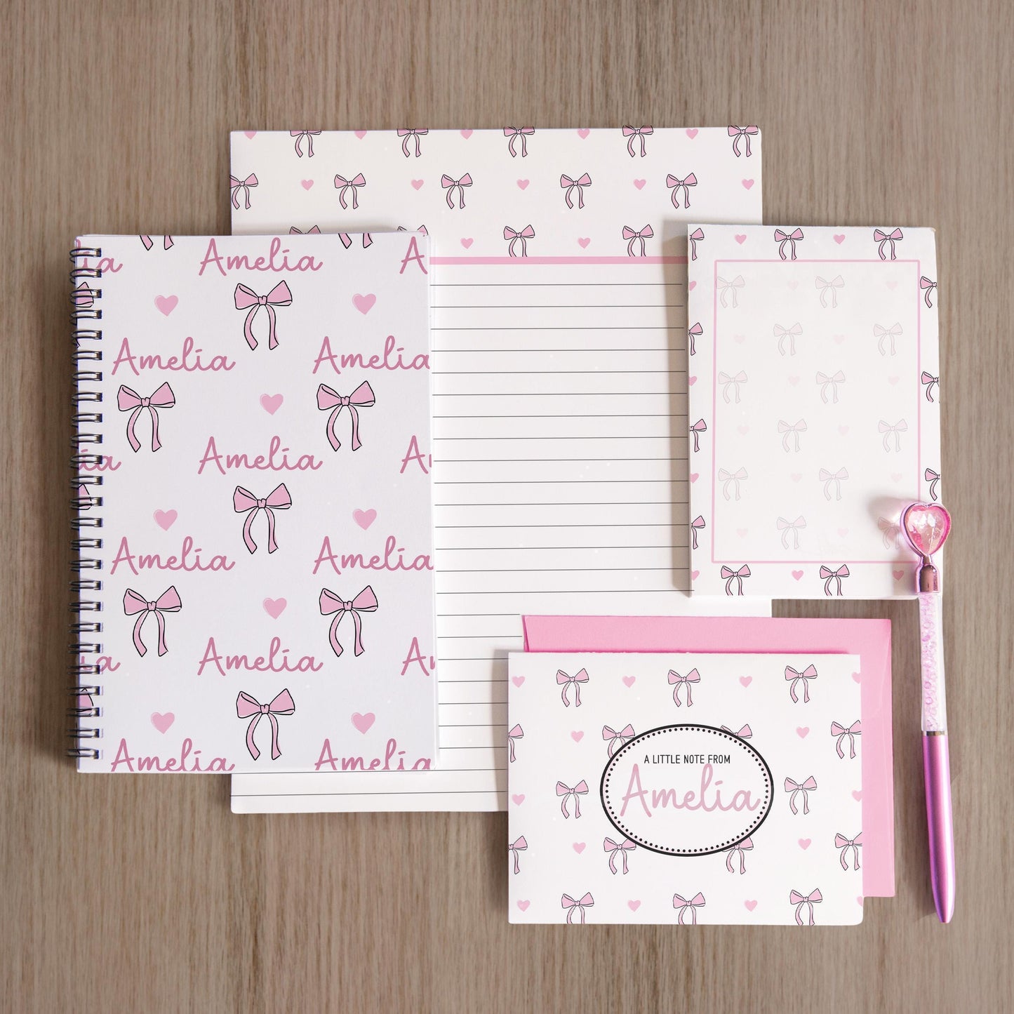 Personalized Stationery Set - Kids Letter Writing Kit with Pink Bow Notebook & Notepad