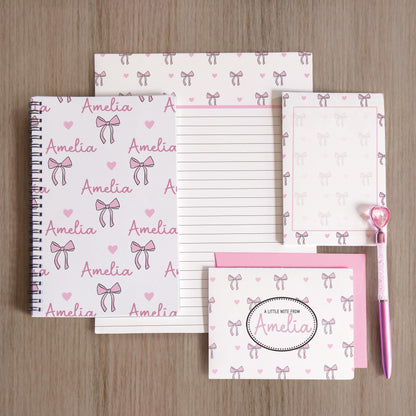 Personalized Stationery Set - Kids Letter Writing Kit with Pink Bow Notebook & Notepad