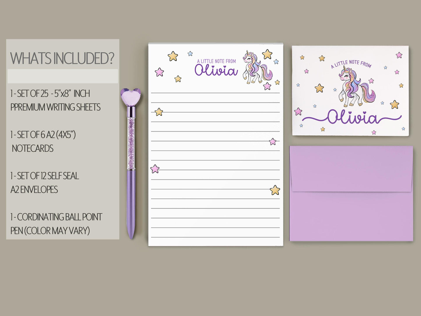 Personalized Stationery Set – Girls Unicorn Letter Writing Sets with Pink Purple Notepad & Envelopes