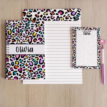Personalized Stationery Set - Kids Letter Writing Paper & Rainbow Cheetah Notebook