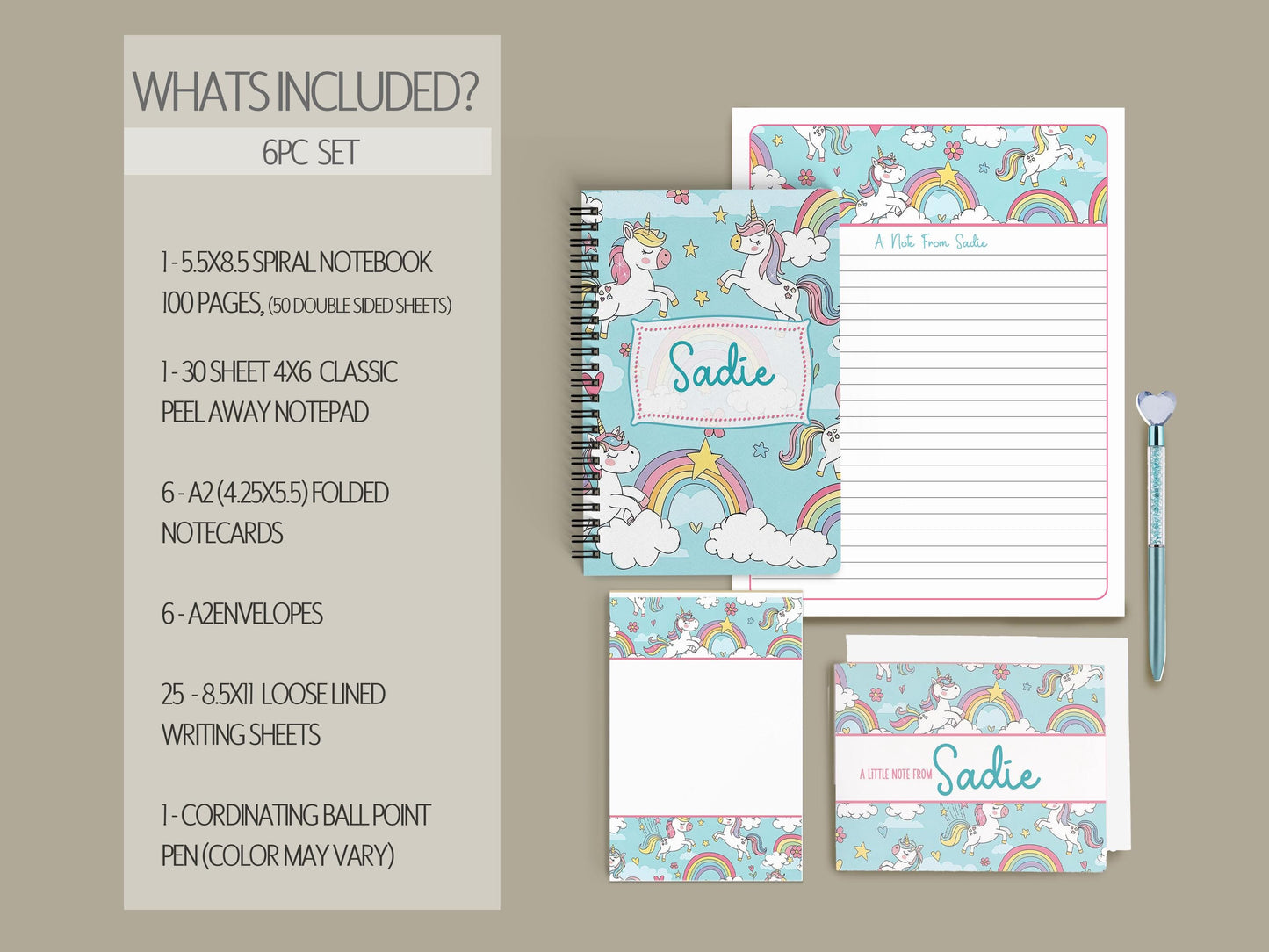 Personalized Stationery Set - Kids Letter Writing Kit with Unicorn Notebook & Notecards