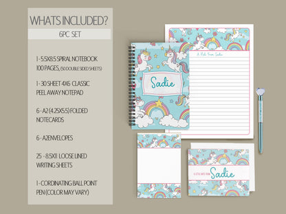 Personalized Stationery Set - Kids Letter Writing Kit with Unicorn Notebook & Notecards