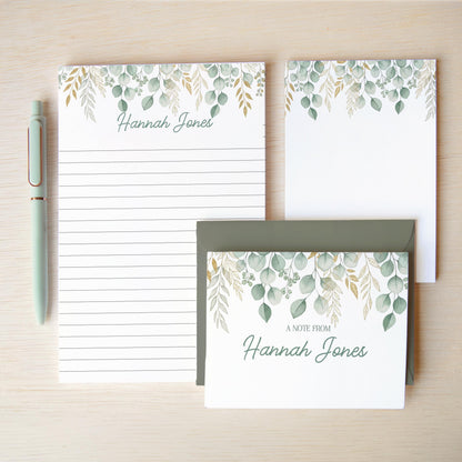 Personalized Stationery Set - Boho Floral Writing Paper, Sage Green Envelopes & Pen Included