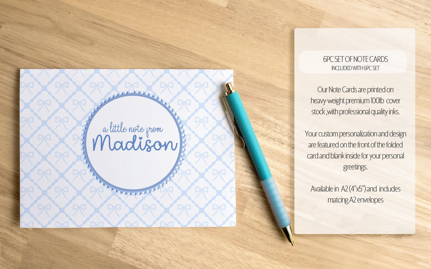 Personalized Stationery Set - Letter Writing Set with Blue Coquette Bow & Notecards