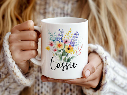 Personalized Flower Mug - Custom Rainbow Wildflower Ceramic Coffee Cup, Gift for Best Friend