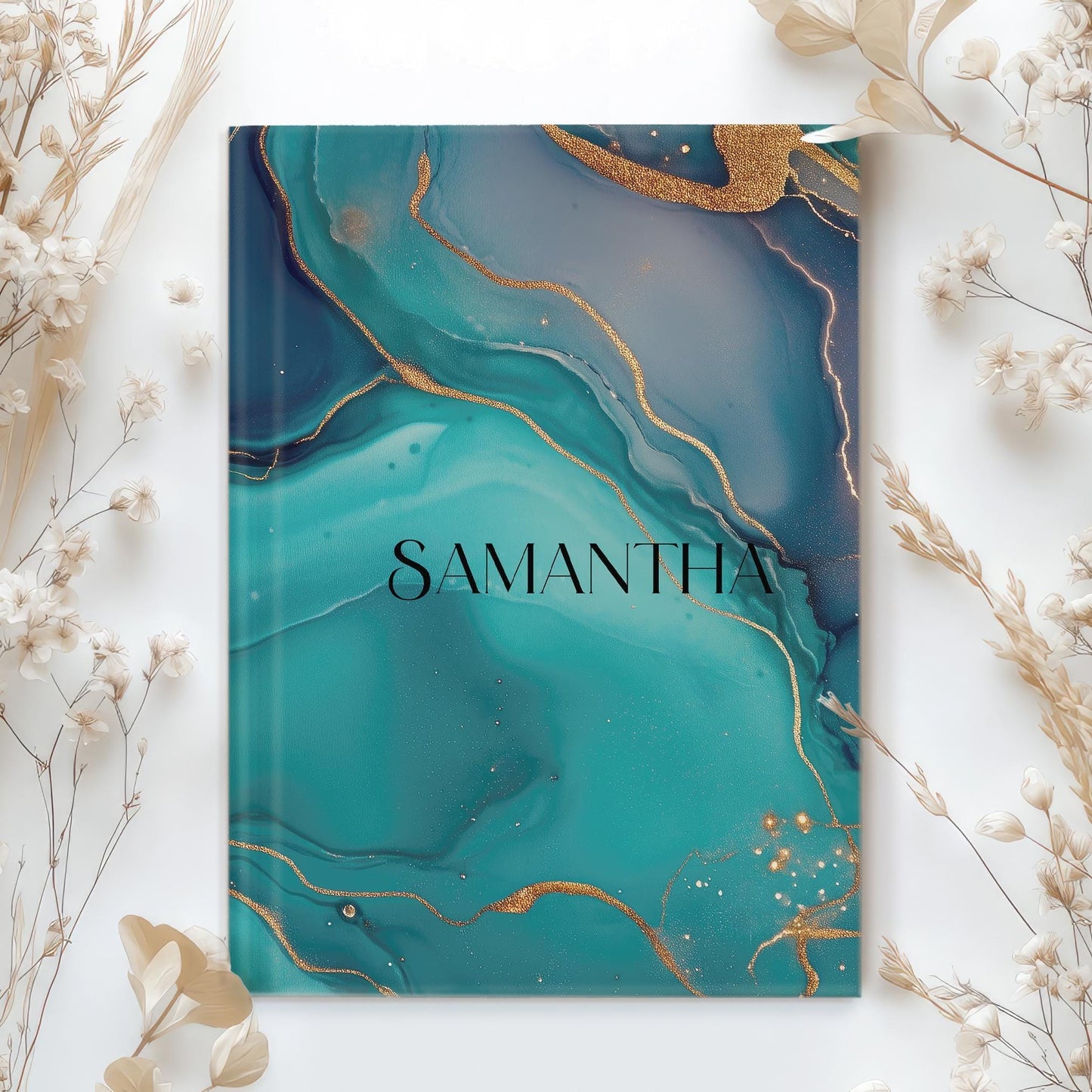 Custom Hardcover Journal - Personalized Marbled Teal Notebook with Lined Pages