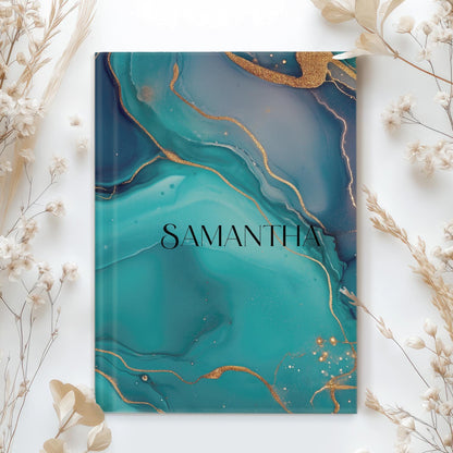 Custom Hardcover Journal - Personalized Marbled Teal Notebook with Lined Pages