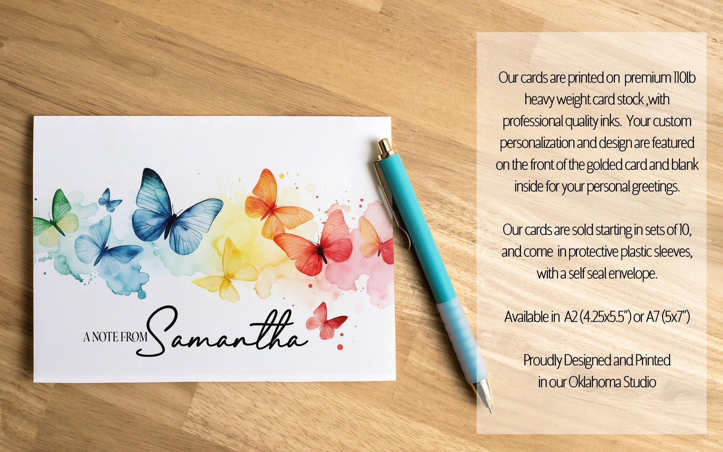 Personalized Note Cards - Rainbow Butterfly Custom Name Notecards with Envelopes
