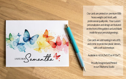 Personalized Note Cards - Rainbow Butterfly Custom Name Notecards with Envelopes