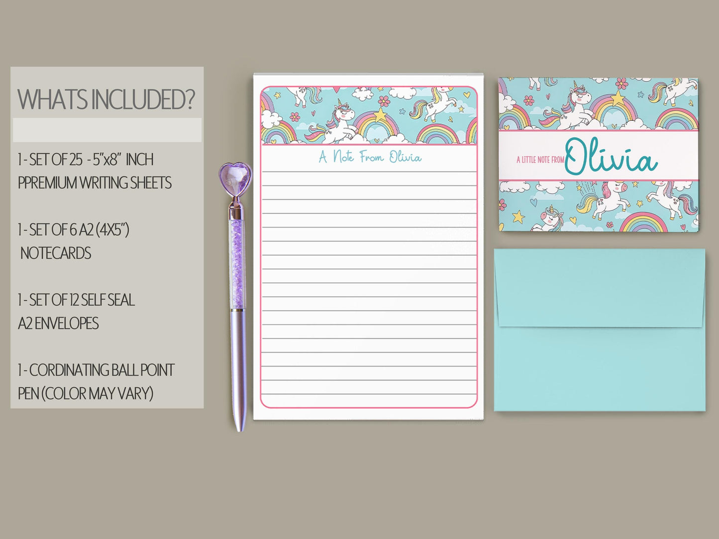 Personalized Stationery Set - Girls Unicorn Letter Writing Kit with Premium Notecards & Self-Seal Envelopes