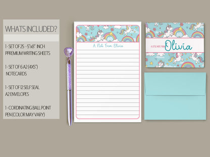 Personalized Stationery Set - Girls Unicorn Letter Writing Kit with Premium Notecards & Self-Seal Envelopes