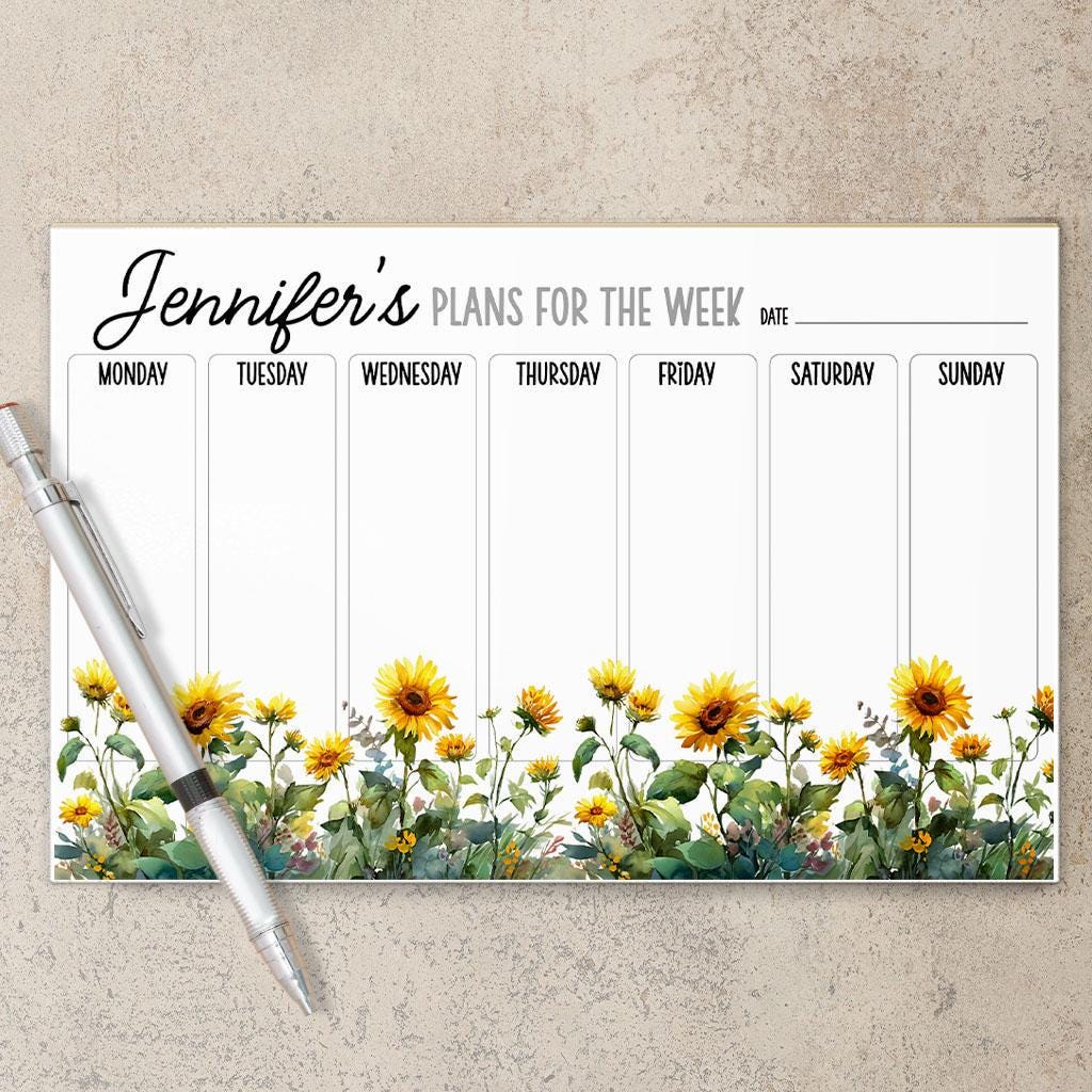 Personalized Weekly Planner - Custom Name Notepad With Sunflower Design | Teacher Gift Idea