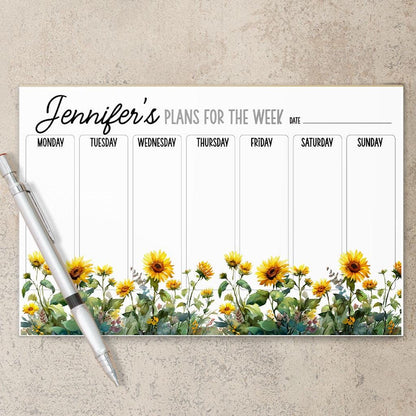 Personalized Weekly Planner - Custom Name Notepad With Sunflower Design | Teacher Gift Idea