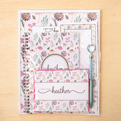 Personalized Stationery Set - Custom Letter Writing Sets with Floral Notepads & Pink Flower Notebook