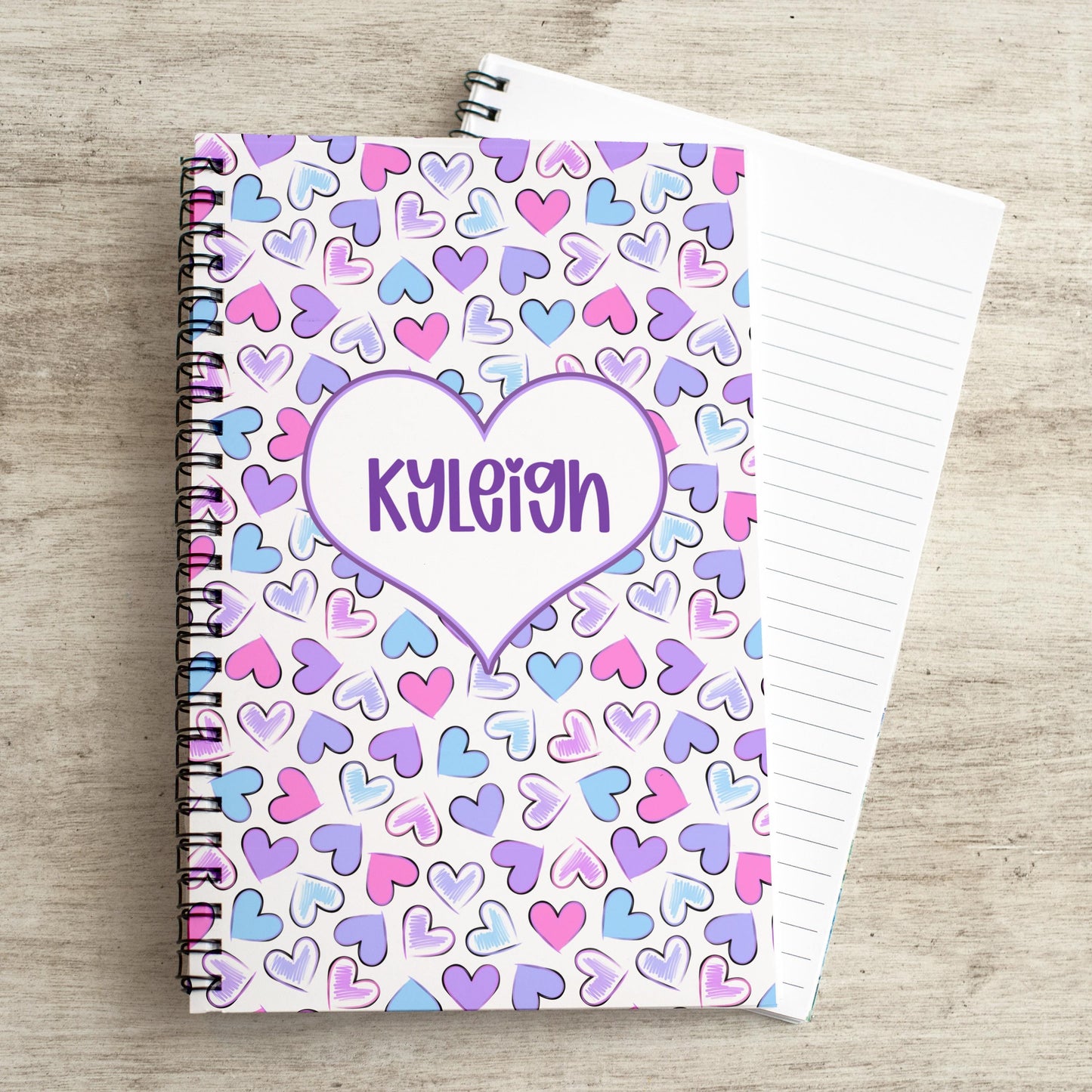 Personalized Girls Notebook - Spiral Bound Journal with Purple Pink Heart Design