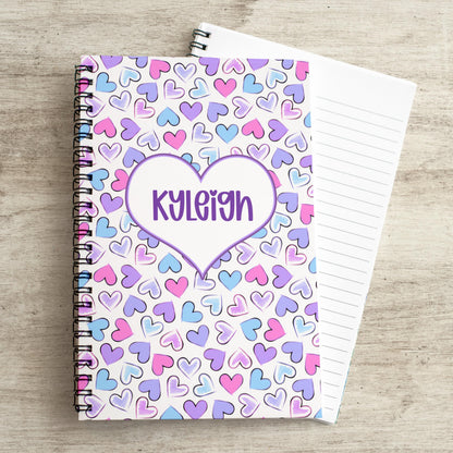 Personalized Girls Notebook - Spiral Bound Journal with Purple Pink Heart Design
