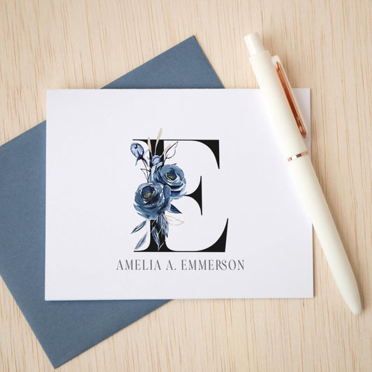 Personalized Monogram Note Cards - Custom Blue Flower Notecards with Envelopes