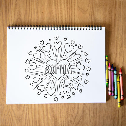 Personalized Coloring Book, Girls Hearts, 50 Pages, 11x8.5 Spiral
