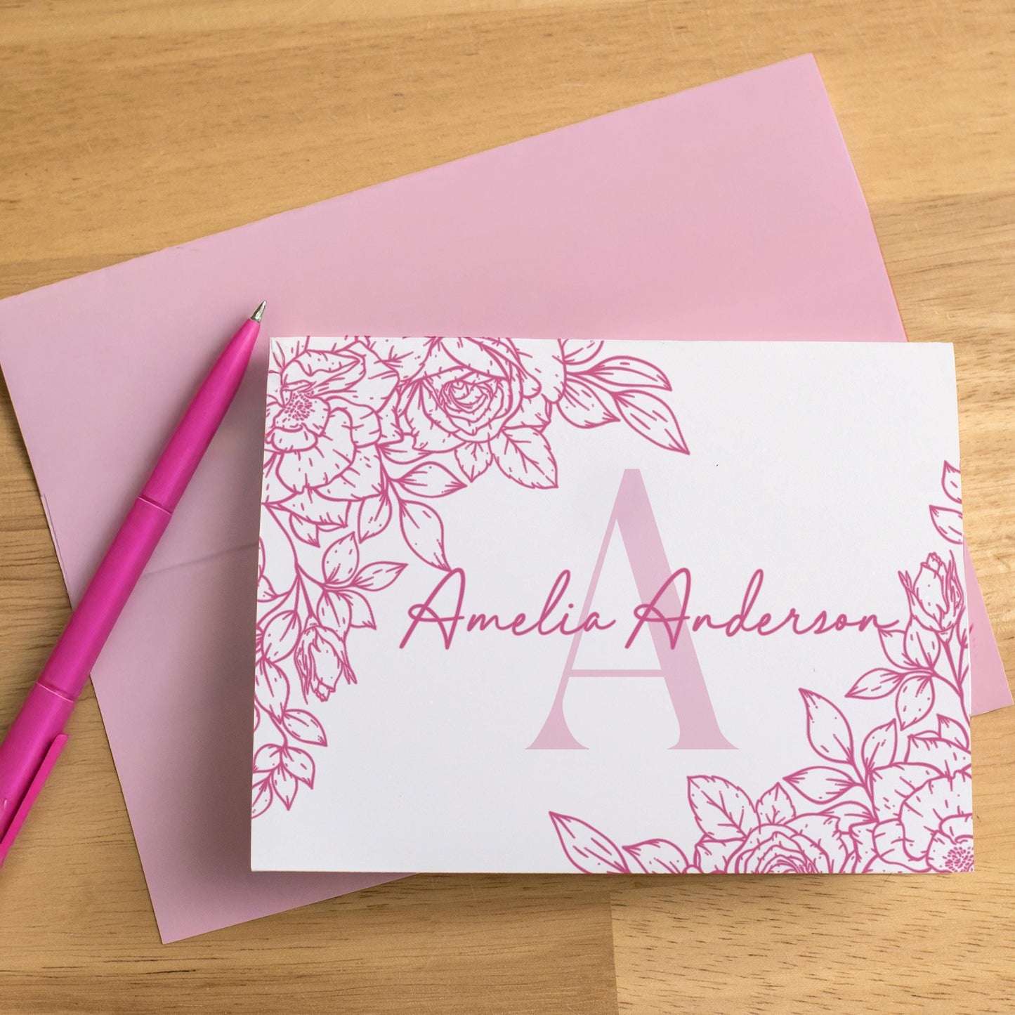 Personalized Monogram Note Cards – Custom Floral Notecards with Envelopes & Folded Thank You Cards