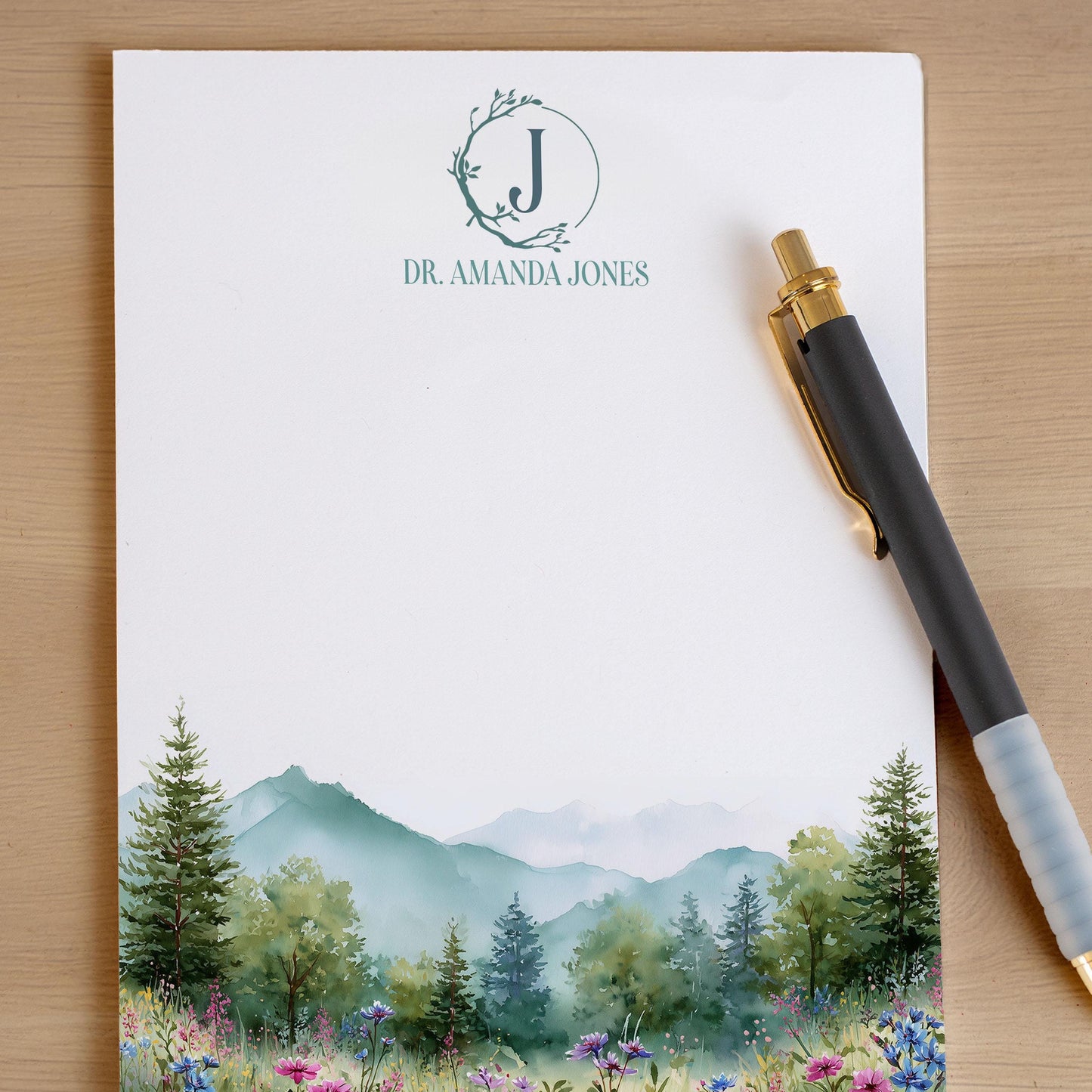 Personalized Monogram Notepad – Custom Forest Wildflower Stationery with Initial
