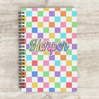 Custom Spiral Notebook - Personalized Rainbow Checkered Journal for Kids & Teachers