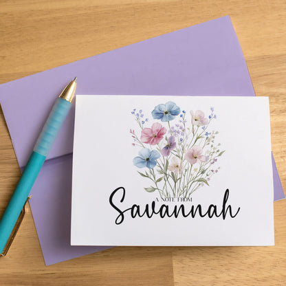 Personalized Note Cards – Wildflower Stationery Set of 10 Cards with Custom Envelope Colors